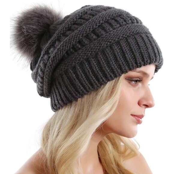 Women Dark GreyBeige2pack Acrylic Thick Baggy Knit Winter Faux Fur Pompom Beanie - Picture 5 of 7